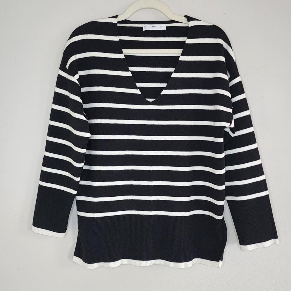 Mango Striped V Neck Sweater XS Minimalist Classic Old Money Capsule Relaxed Fit